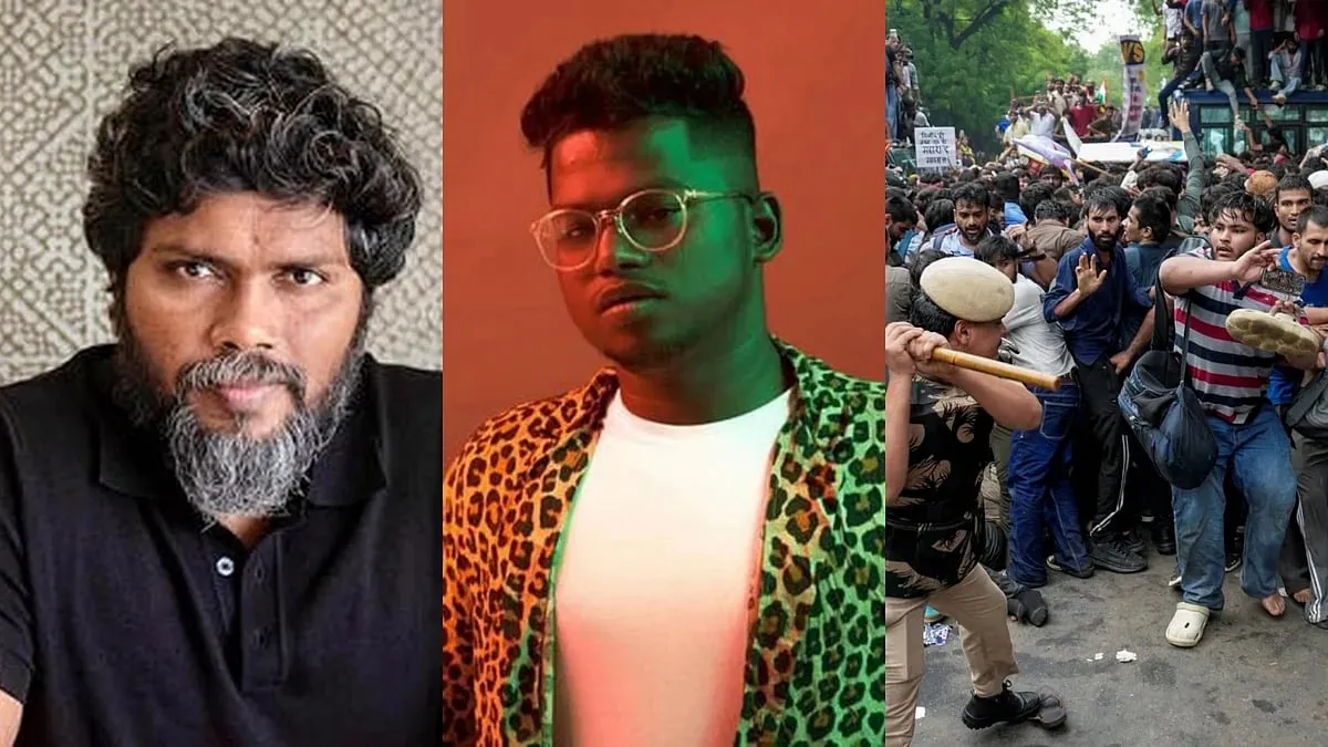 Pa Ranjith and Arivu alongside a scene of police confronting protesters in Delhi