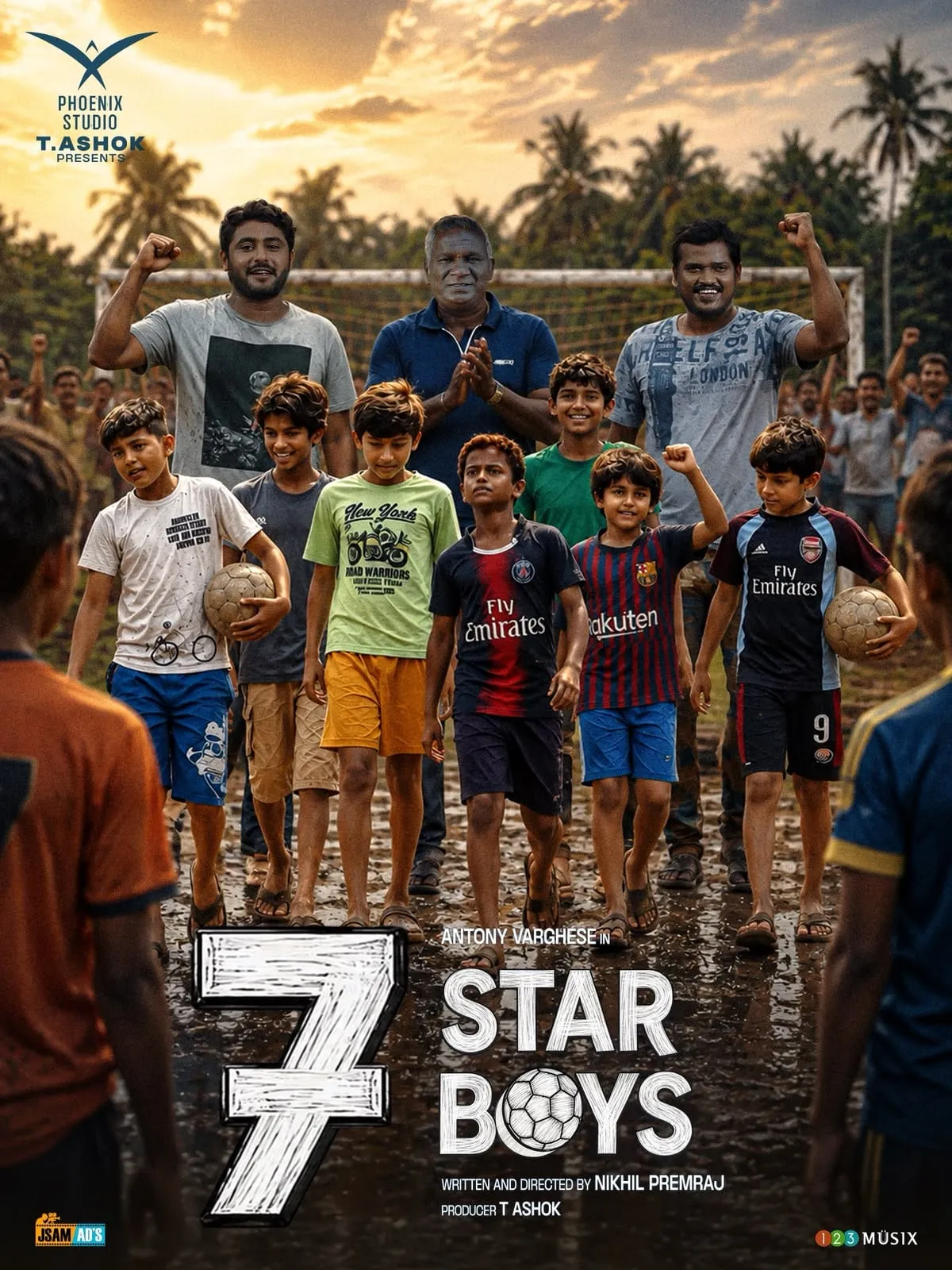 Antony Varghese, I.M. Vijayan and the young football team celebrating on a muddy pitch in the 7 Star Boys ensemble poster
