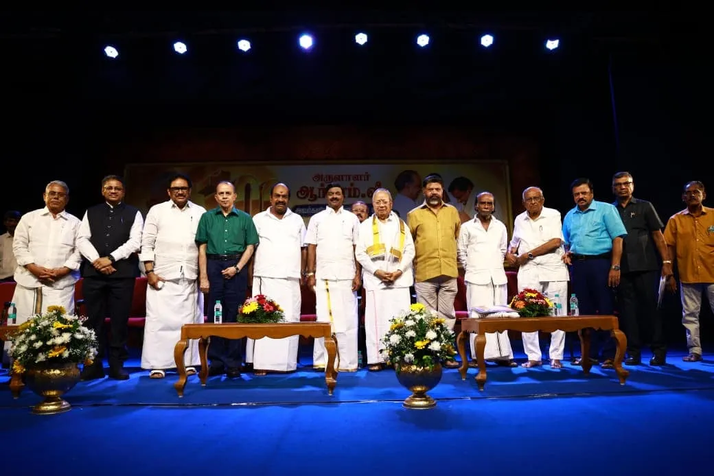 Political and cinema figures gather on stage for the R.M. Veerappan centenary celebration in Chennai