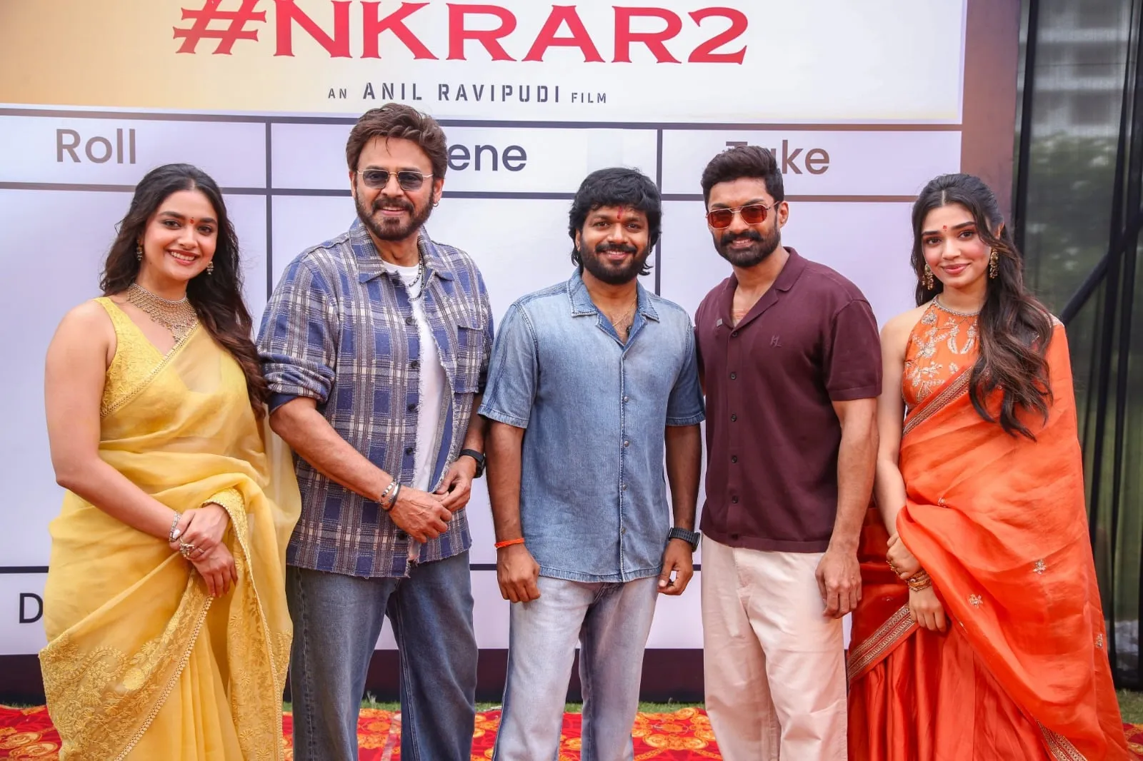 Keerthy Suresh, Venkatesh, Anil Ravipudi, Nandamuri Kalyan Ram and Krithi Shetty at the film's launch