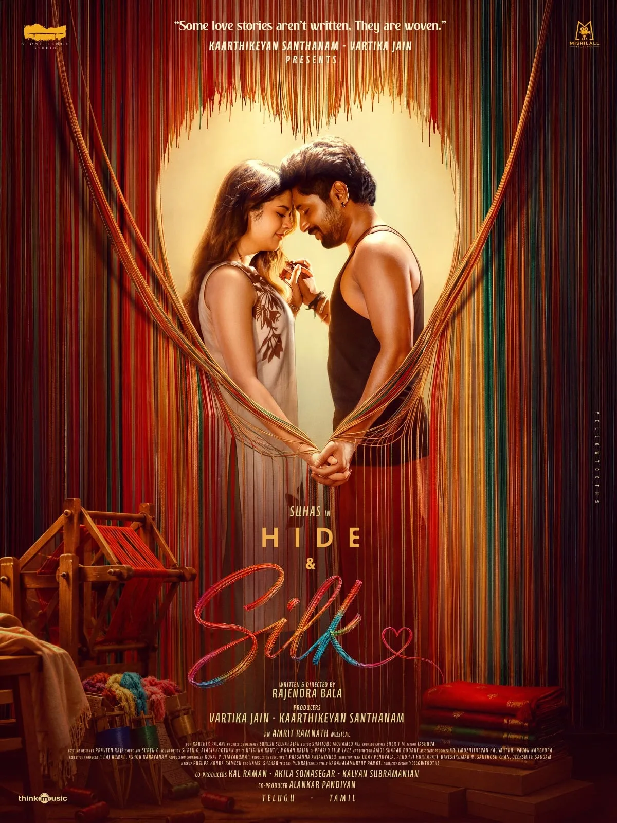 Hide & Silk poster showing Suhas and Sanjana face to face, framed by silk threads stretched across a loom