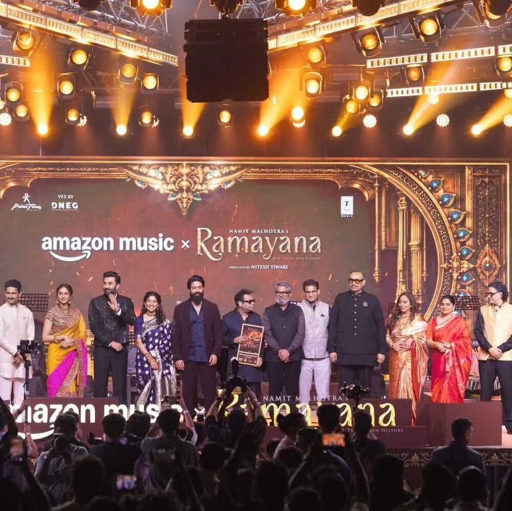 The Ramayana cast and crew, including Ranbir Kapoor, Sai Pallavi, Yash and A.R. Rahman, line up on stage under the Amazon Music x Ramayana banner in Chennai
