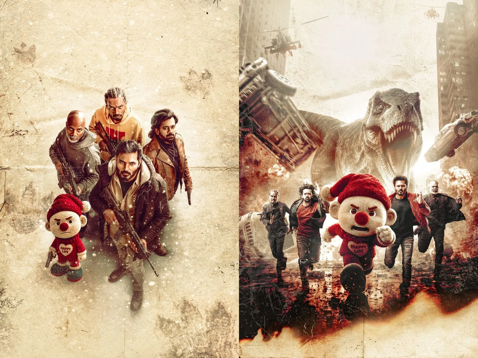 Moodar Koodam 2 Mission Possible first look posters with the armed gang in snow and a dinosaur chase