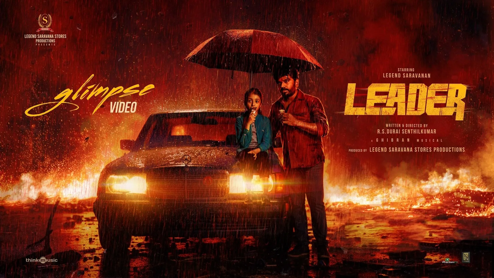 Leader poster showing Legend Saravanan and a young girl in front of a car, with the film's OTT premiere on Prime Video set for May 29
