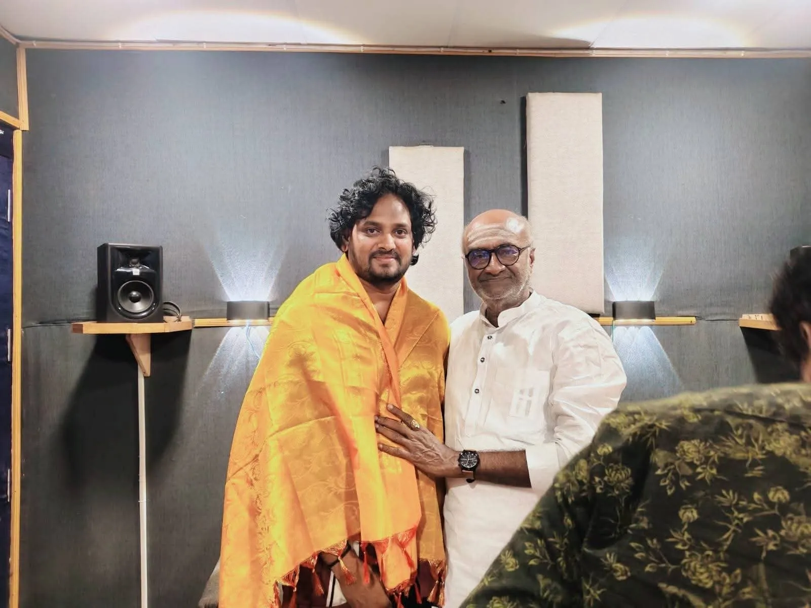 MS Bhaskar with Arunkumar Sekaran at the Promise voice-over session