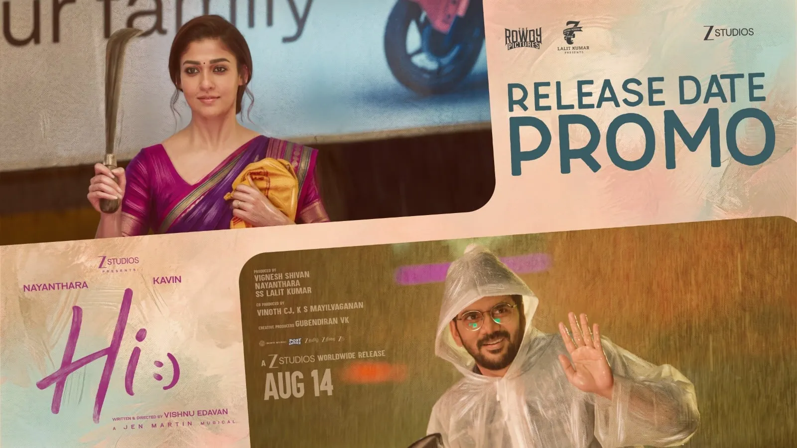 Nayanthara holding a sickle and Kavin in a raincoat in the Hi! release date announcement promo