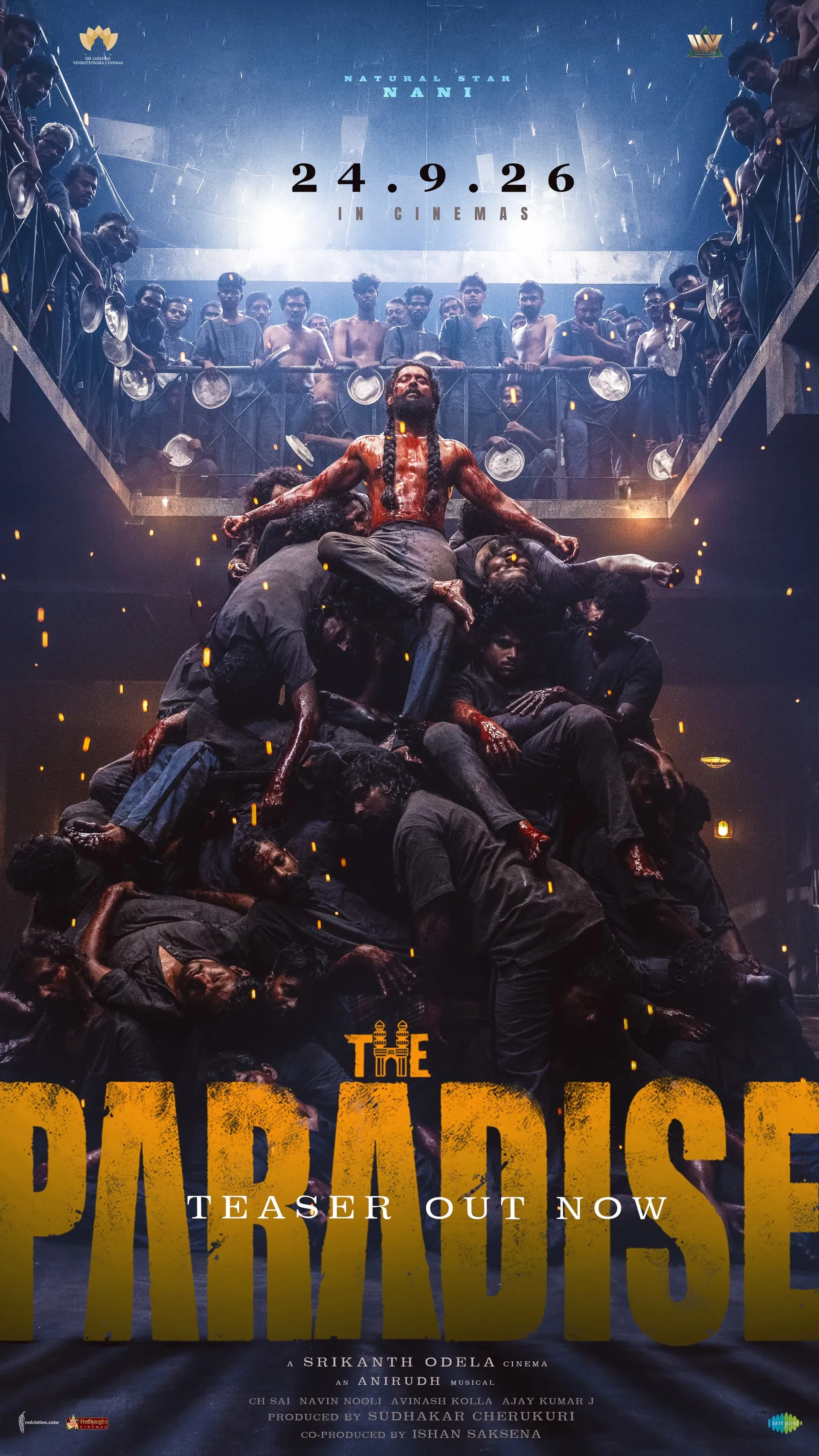The Paradise teaser poster with Nani blood-soaked atop a mound of bodies in a prison block