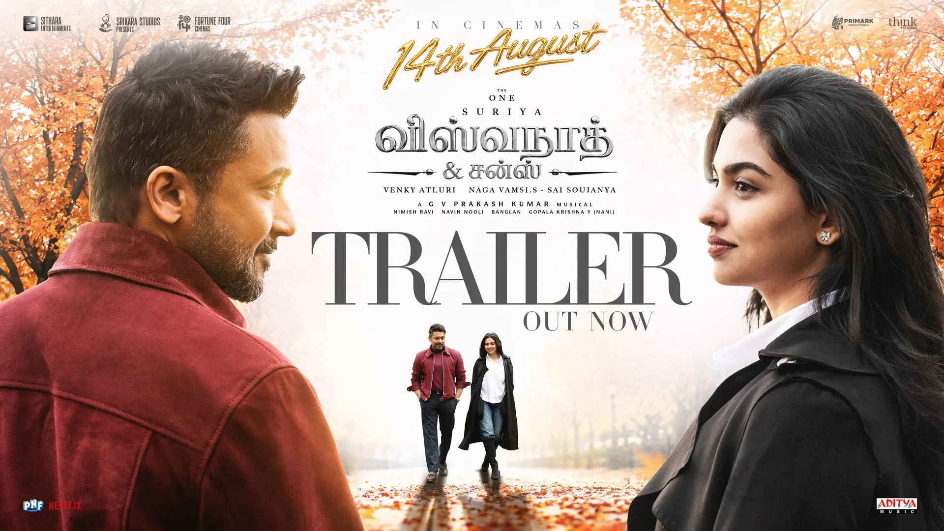 Suriya and Mamitha Baiju face each other under autumn trees in the Vishwanath & Sons trailer artwork