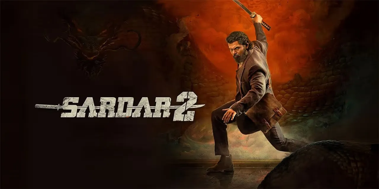 Sardar 2 artwork with Karthi raising a sword against an orange backdrop beside the film's title