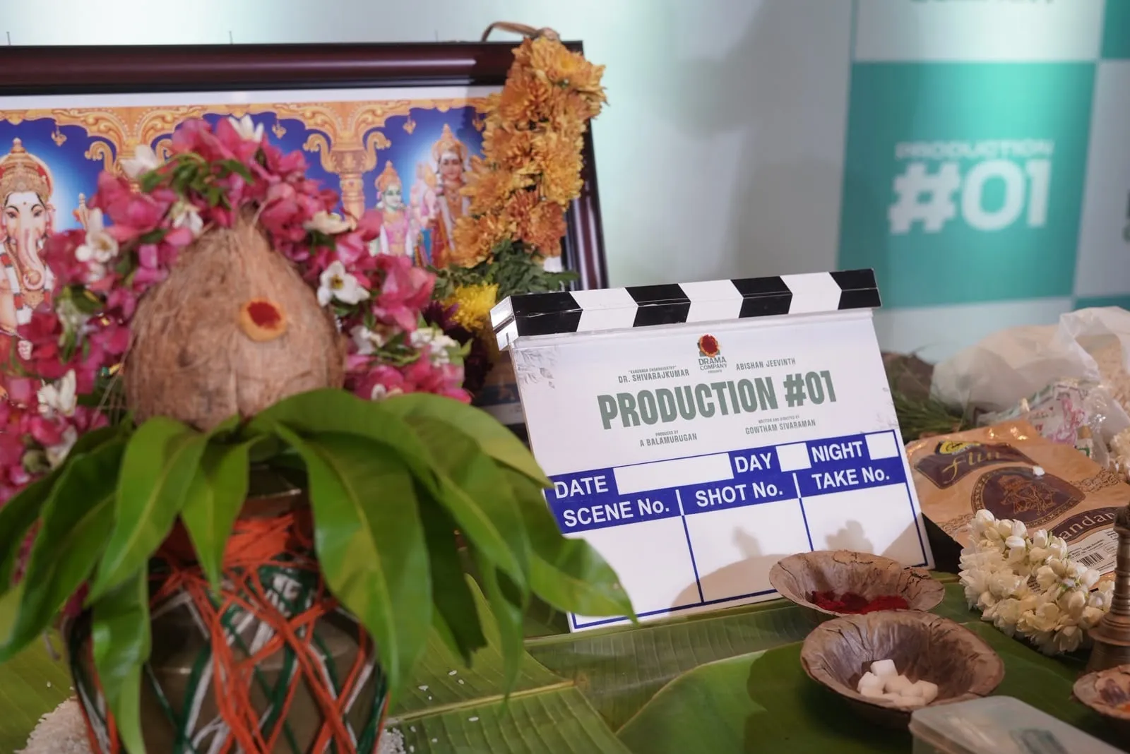 Shivarajkumar with the cast and crew of Drama Company's debut production at the launch