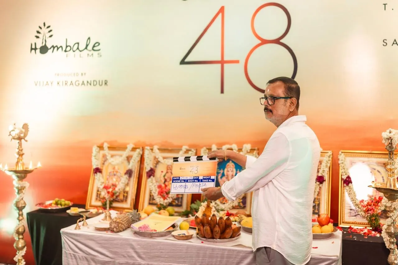The muhurat pooja for Suriya 48, with the clapboard readied under the title backdrop
