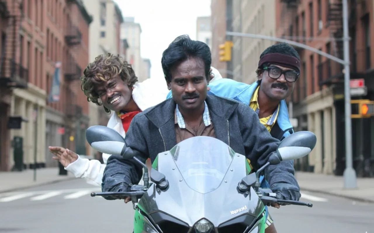Three Rajkumar characters riding a green superbike down an empty New York street