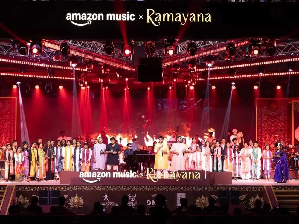 A children's choir and A.R. Rahman's orchestra fill the stage at the Ramayana music event in Chennai